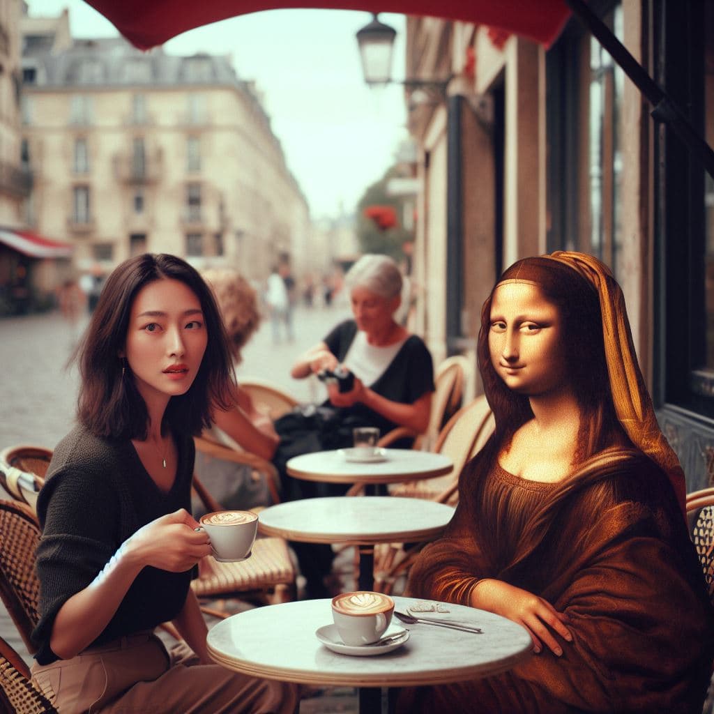 AI generated: "Girl with a pearl earring" and Mona Lisa, modern digital photograph, in France, sitting at an outdo...