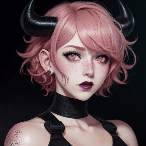 AI generated: anime style, Handsome woman with pink medium short curly hair, freckles, revealing her big deep pink...