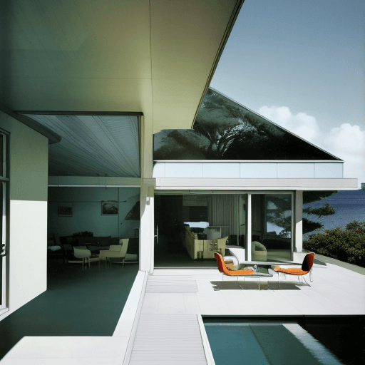 AI generated: Hyper realistic eye level exterior photo of a mid century modern style house overlooking the ocean, ...