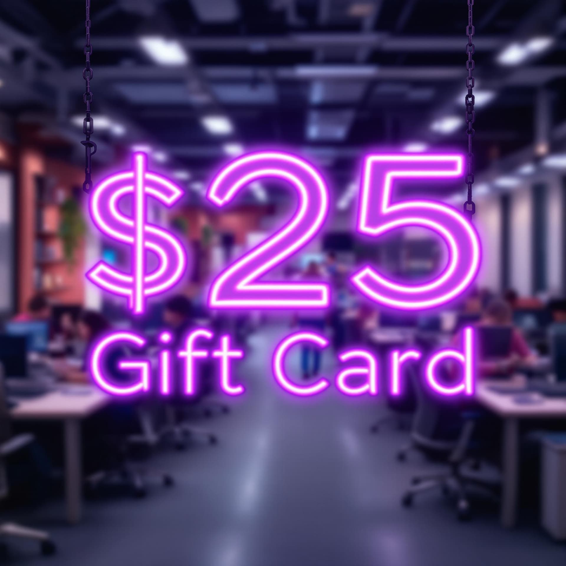 AI generated: Create an image of a vibrant neon sign that reads "$25 Gift Card" in bright purple letters. The sign...
