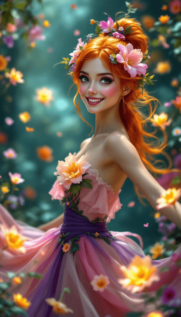 AI generated: A whimsical dancer with vibrant orange hair, adorned with colorful flowers and vines. Her eyes are p...