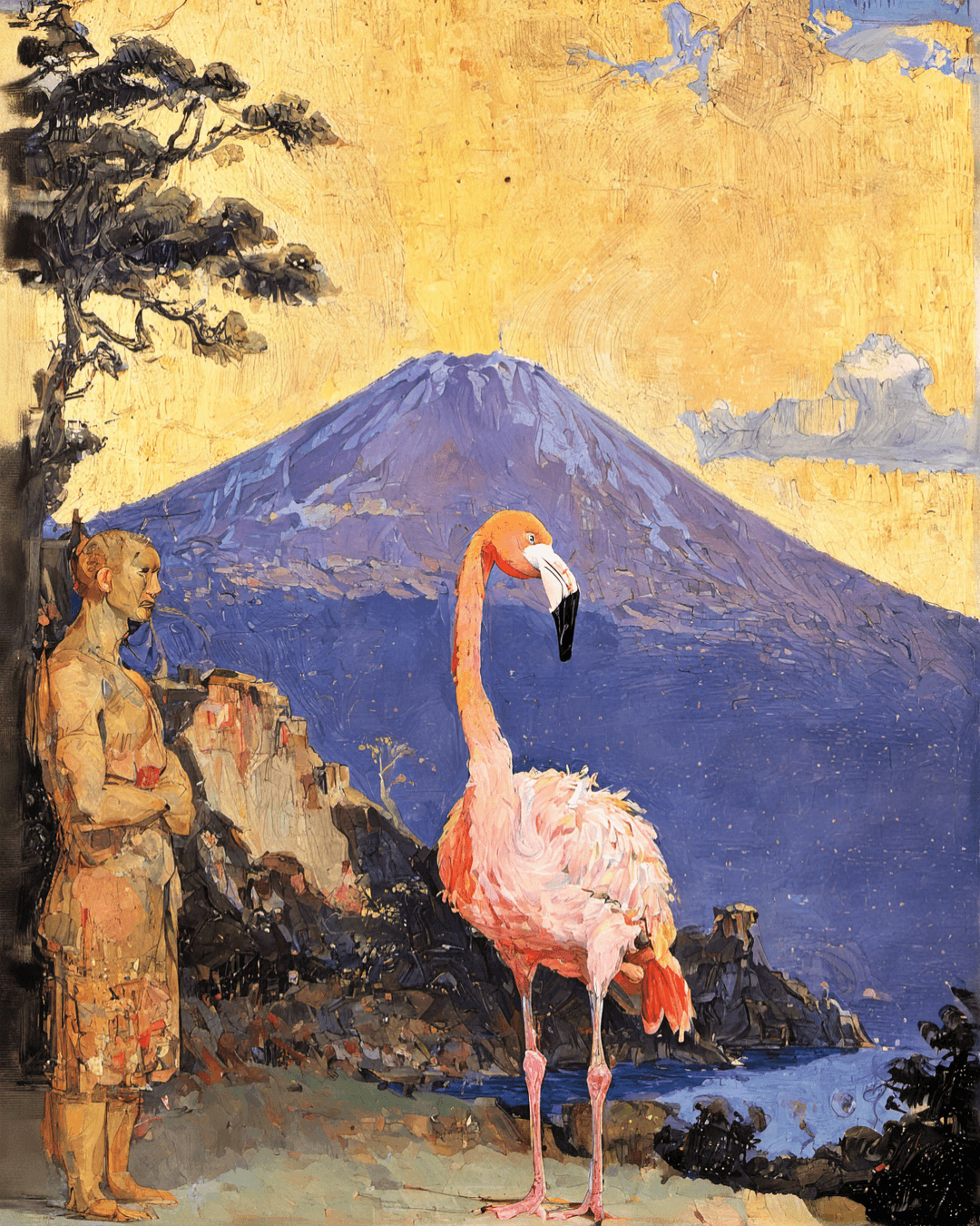 AI generated: Act1vate, a portrait of a flamingo, in the background is a volcano and the sky.