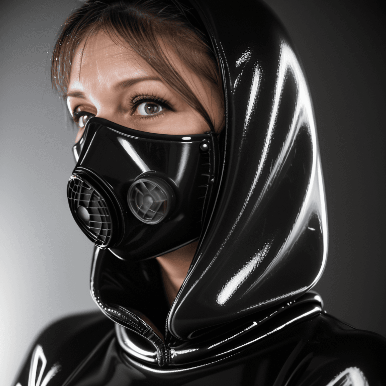 AI generated: hyper realistic headshot photo of a 40 year old woman, wearing a latex gas mask, a latex suit with l...