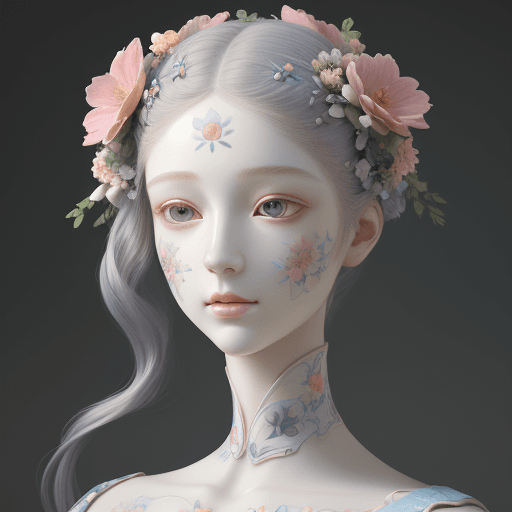AI generated: Professional artwork of a porcelain face, decorated with flowers, the shape of head by is flowers, 3...