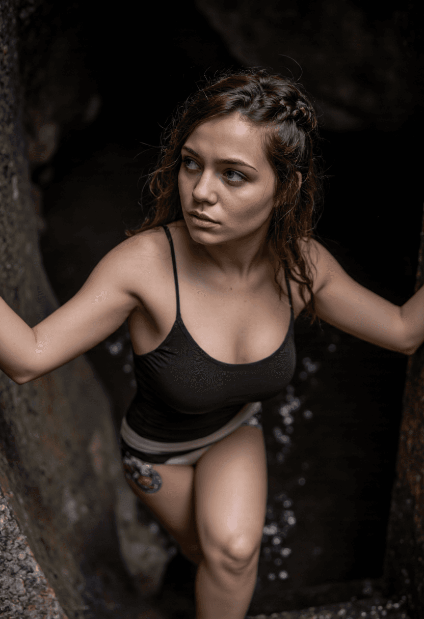 AI generated: A woman stands at the mouth of the cave, her physique radiating through every detail of her appearan...