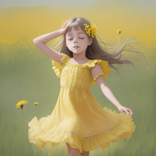 AI generated: High resolution photography wit beautiful girl 5 years old with yellow dress and yellow flowers she ...