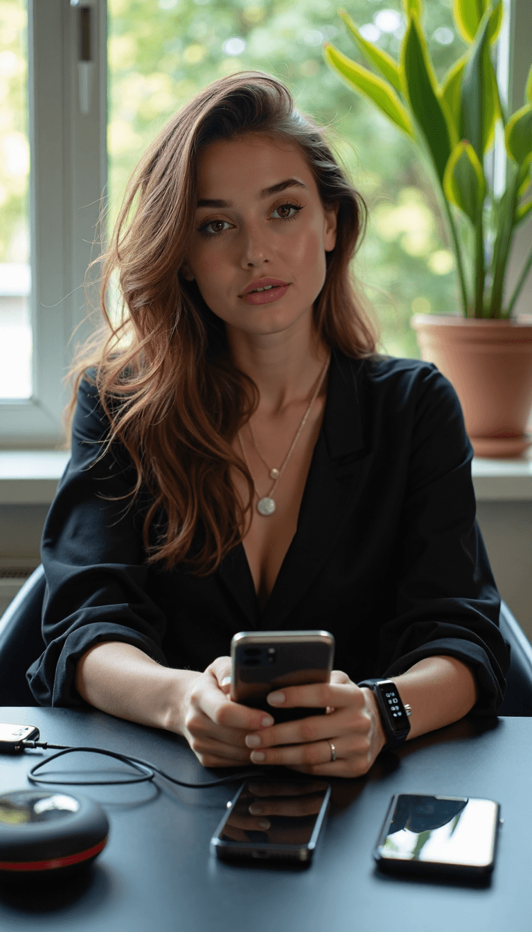 AI generated: Indoor portrait of a woman with wavy brown hair, holding a smartphone, black blouse, devices on tabl...