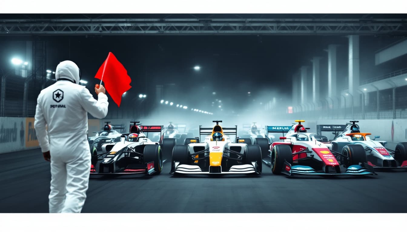 AI generated: At the starting line there are 5 racing cars - cars with different club logos.     The camera looks ...