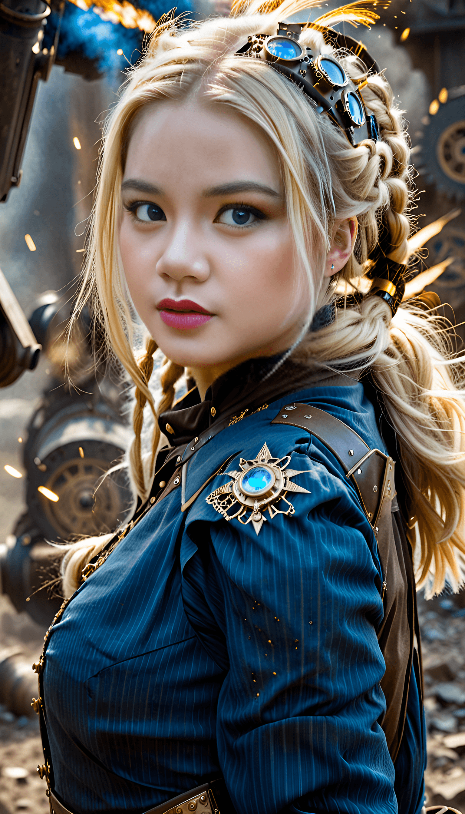 AI generated: She has an angry look on her face. Blonde hair and blue eyes. She wears a steampunk renaissance dres...