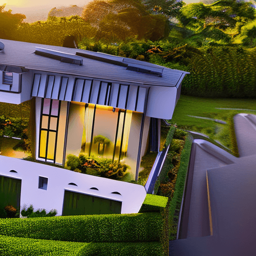 AI generated: Photo Realistic bird view level exterior entrance photo of a classic style house overlooking the jun...
