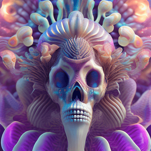 AI generated: Goddess close-up portrait ribcagel. jellyfish phoenix head, nautilus, orchid, skull, betta fish, bio...