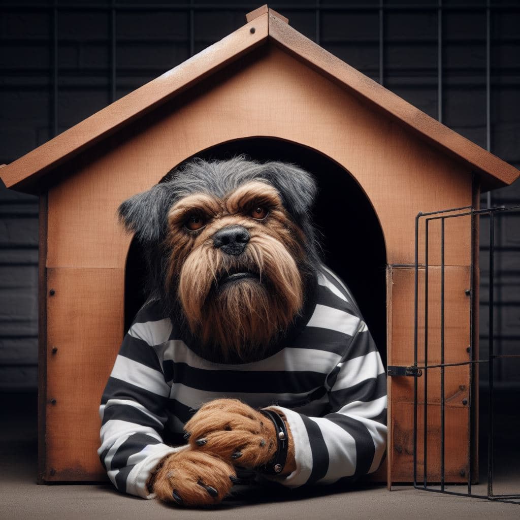 AI generated: a very ugly dog ,disguised as a burglar.he is lying in a doghouse,which is a prison cell,very detail...