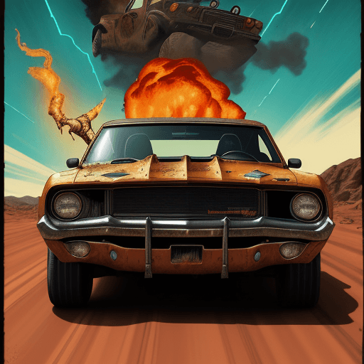 AI generated: A retro vintage Comic style poster, of a post apocalyptic universe, of a muscle car, extreme color s...
