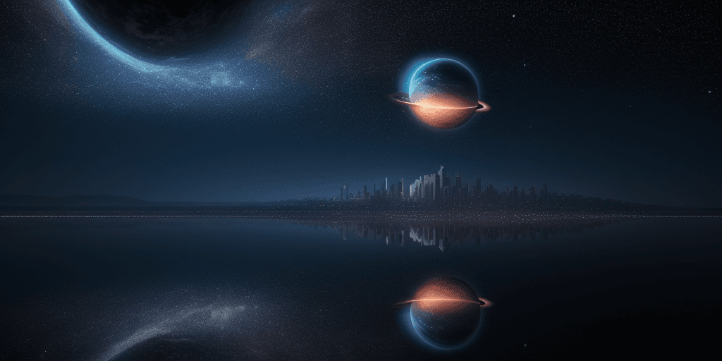 AI generated: Planet collision above a peaceful body of water reflecting back the awesome cosmic effects, distant ...