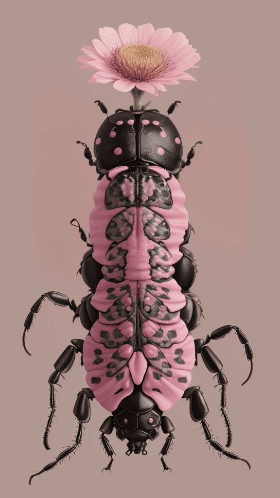 AI generated: floral beetle wearing a (long:1.2) pink (scarf:1.3), a beetle with arms and a head, (dark shot:1.17)...