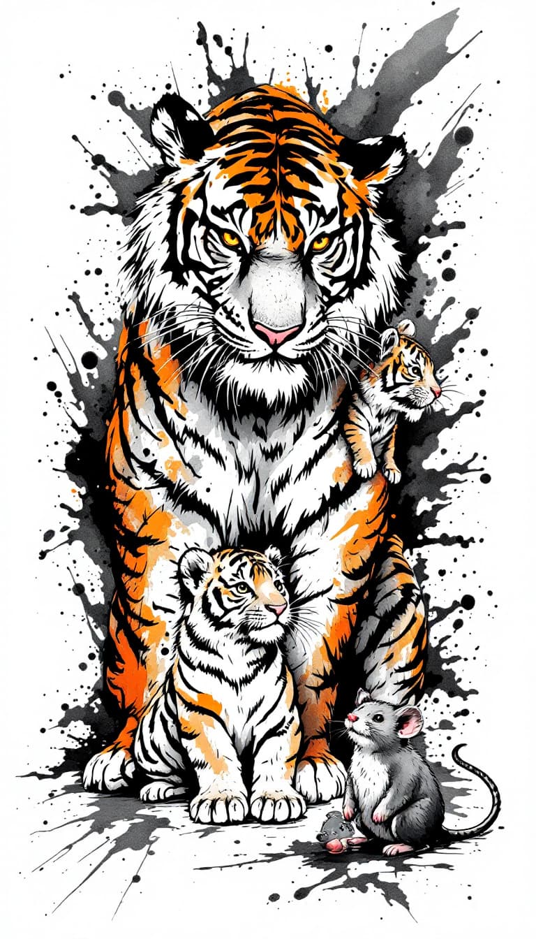 AI generated: a tiger and two tiger cubs, and a oversized mouse,ferocious, detailed,full-body shots,ink style,Ink ...