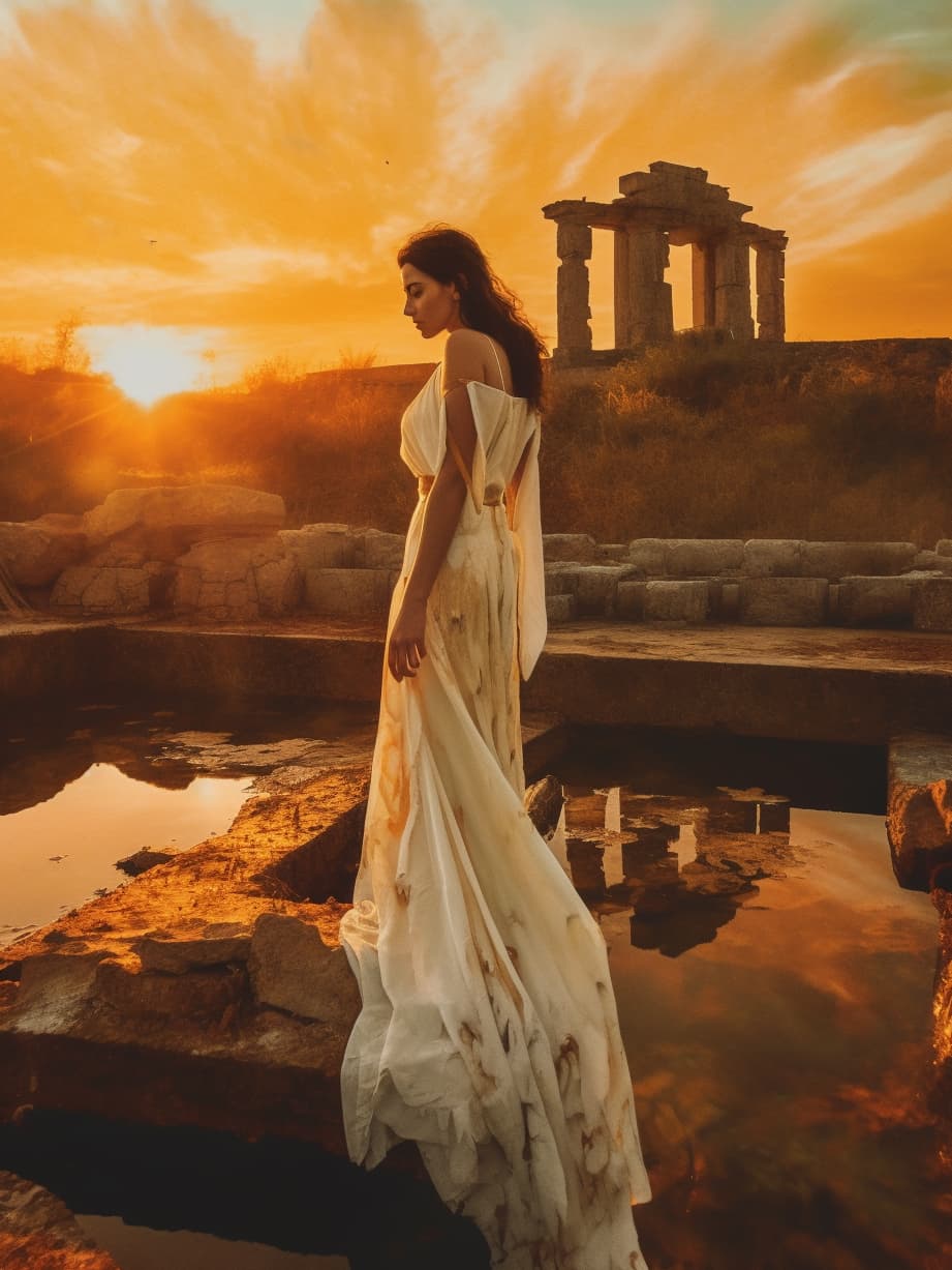 AI generated: a woman in a white dress standing on a ledge, looks like ebru şahin, sunset photo at golden hour, st...