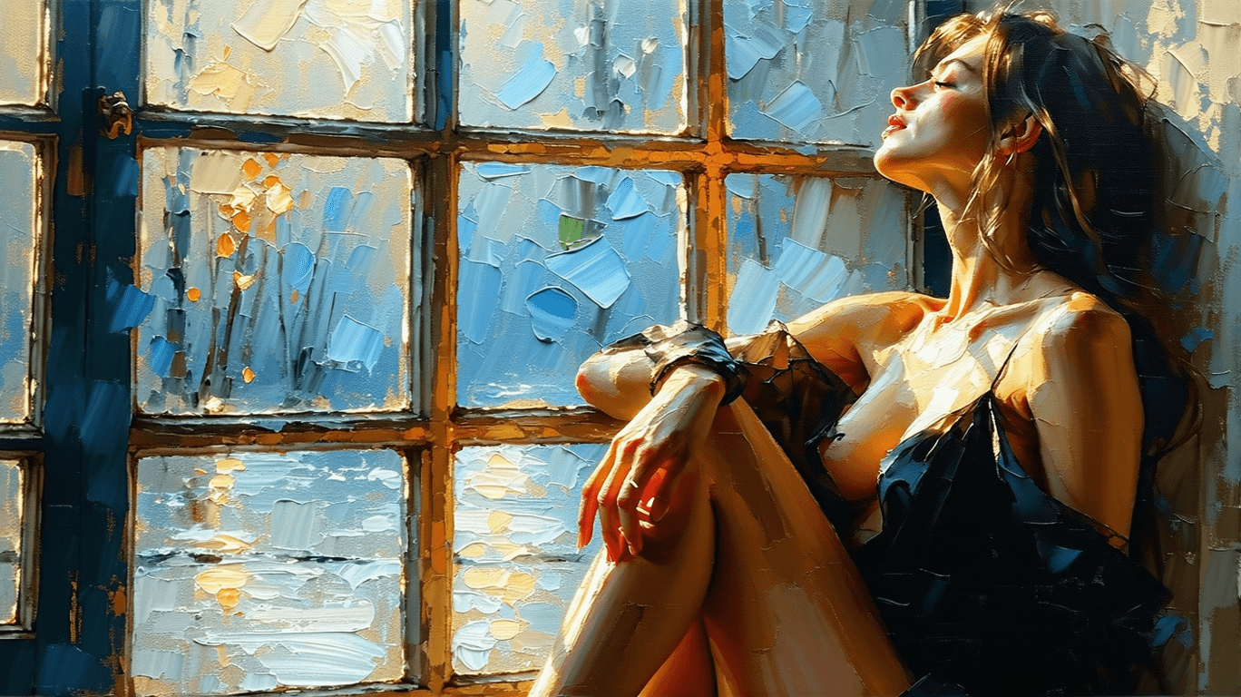 AI generated: a painting of a woman sitting near a window, in the style of beautiful women, playfully intricate, h...