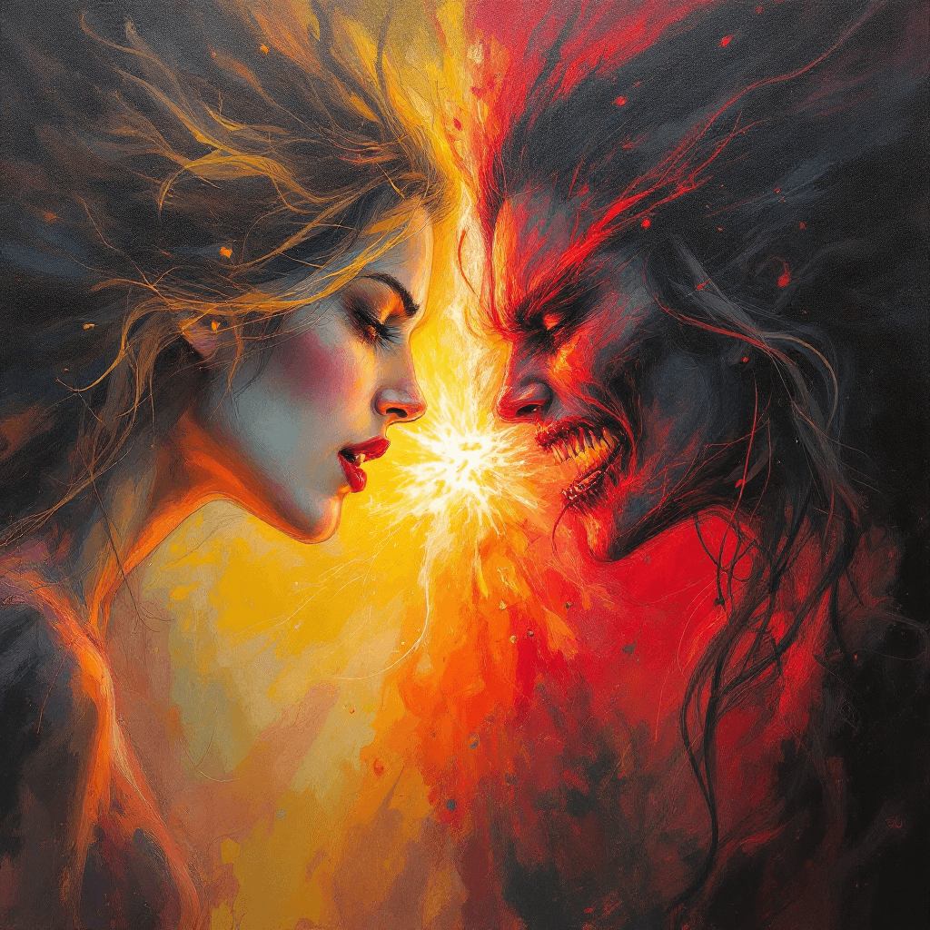 AI generated: Impressionistic rendering of battle between good and evil, visualized as a clash between two women’s...