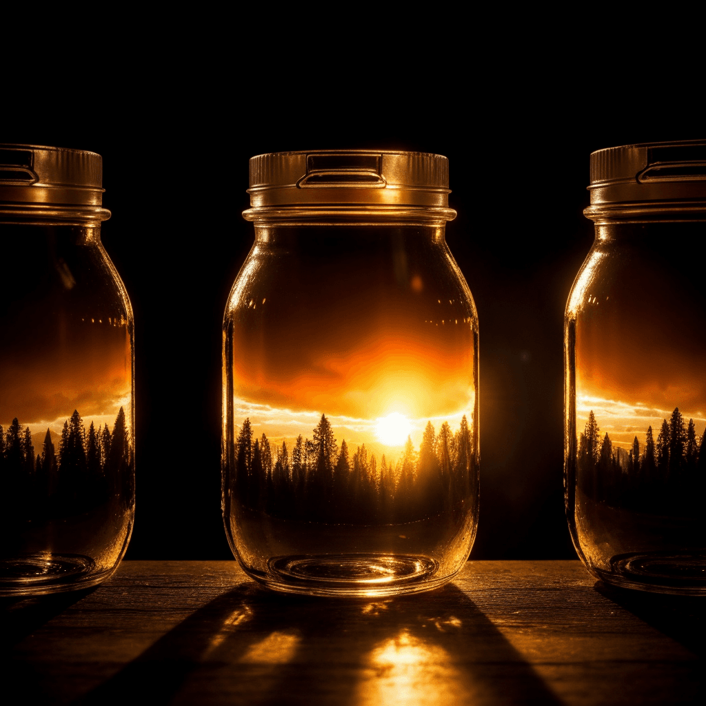 AI generated: forest and sunset trapped inside three jars, dynamic composition closeup photo, cinematic atmosphere...