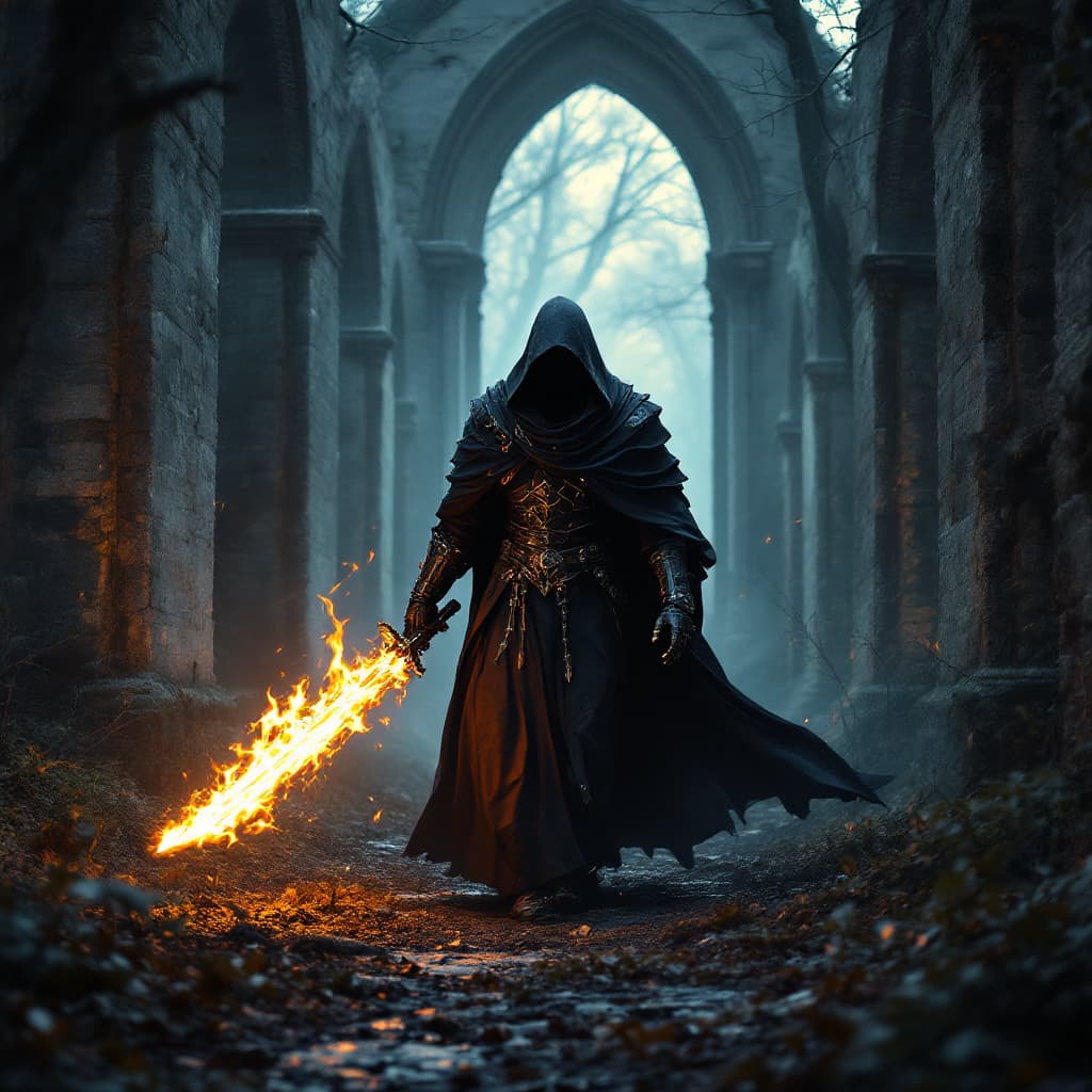 AI generated: Wallpaper 816x1472 size, medieval black wooded rebel knight cybernetic mage with cool robes and glow...