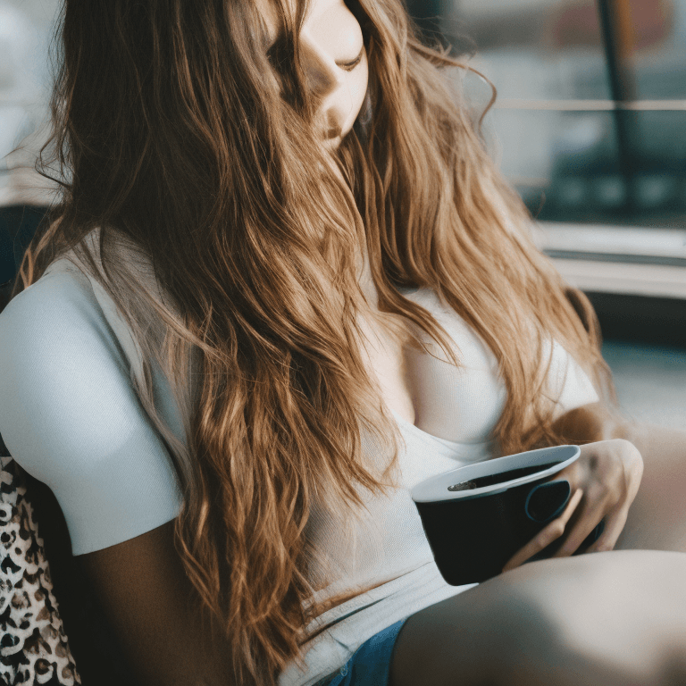 AI generated: A cozy, medium-angle shot of a young woman with long brown hair flowing as she sits in a cushioned c...