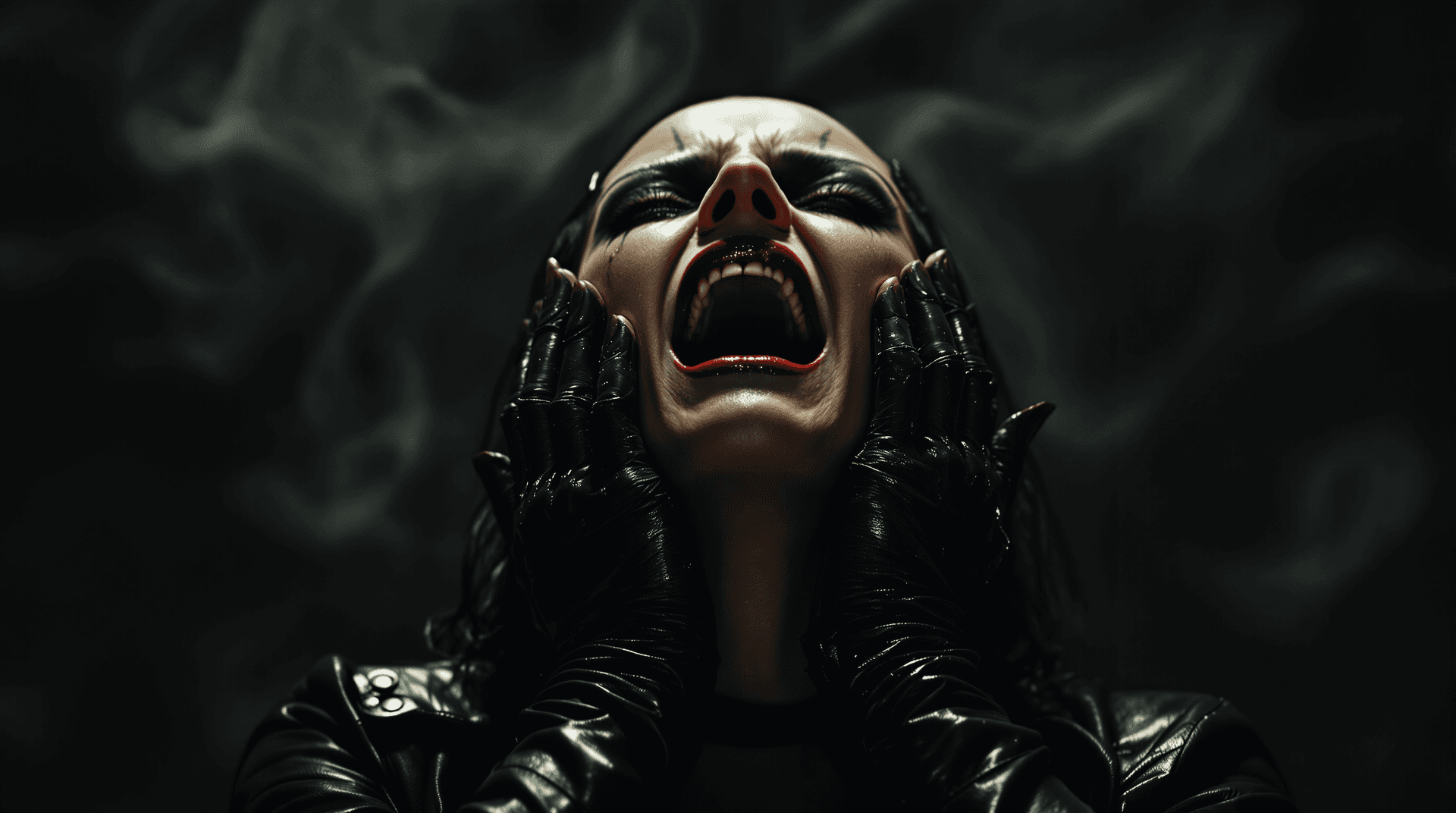 AI generated: An extreme close-up, cinematic portrait of **Lilith in her leather attire**, head tilted back, mouth...