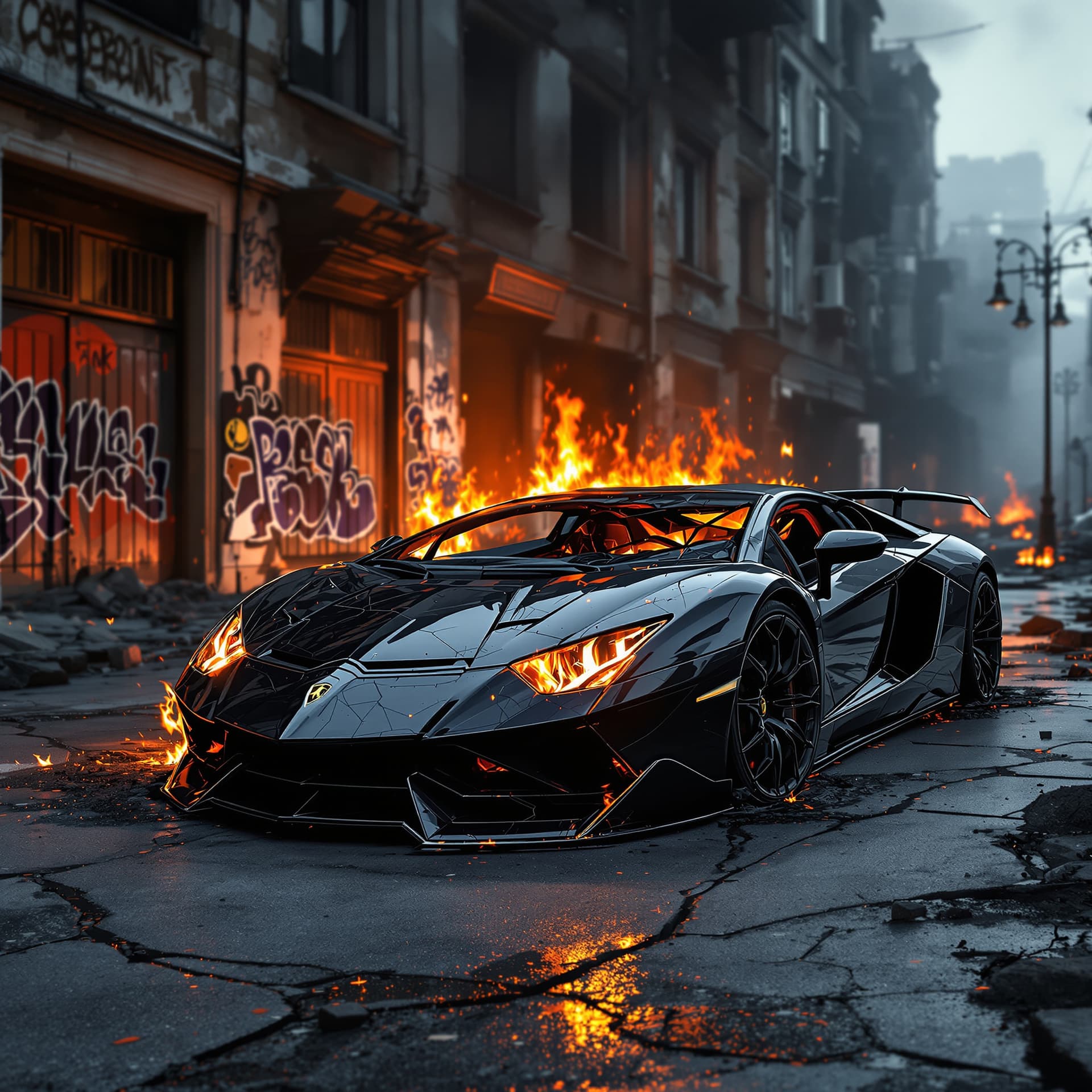 AI generated: a destroyed abandoned shiny black Lamborghini with cracked headlights and broken windows is engulfed...