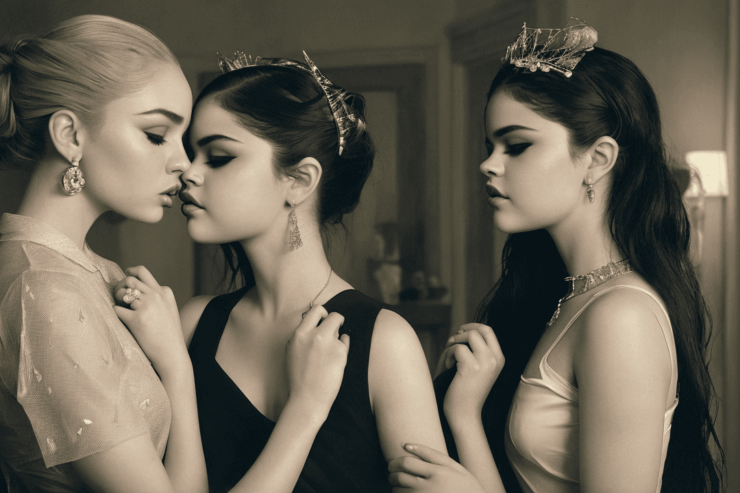 AI generated: Sabrina Carpenter and Selena Gomez sharing a passionate kiss nude, their lips pressed together in a ...