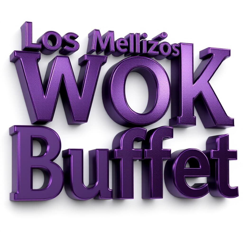 AI generated: Raised letters of "Los Mellizos Wok Buffet." The letters are metallic purple and are raised and in 3...
