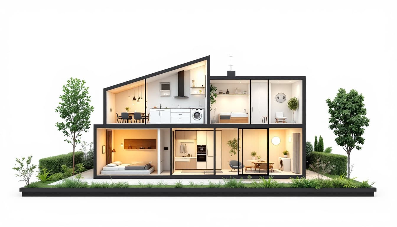AI generated: A minimalist cross-section of a house, shown in a front-facing view. The house must include the foll...