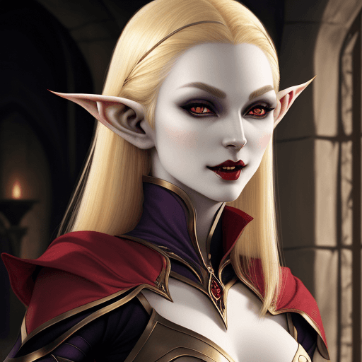 AI generated: Altmer elf woman, golden hair, pale skin, vampire fangs, beautiful, pointy short ears, red eyes, NO ...