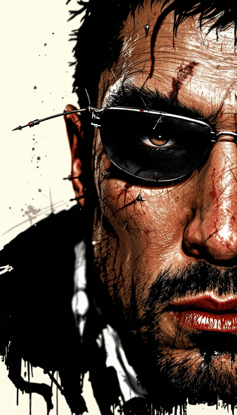 AI generated: The portrait of a  gangster with scars on face with piercingsand face tattoos in style of the film “...