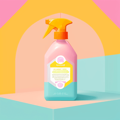 AI generated: Bright and colorful label design for a household cleaning brand on a square lotion bottle with a cle...