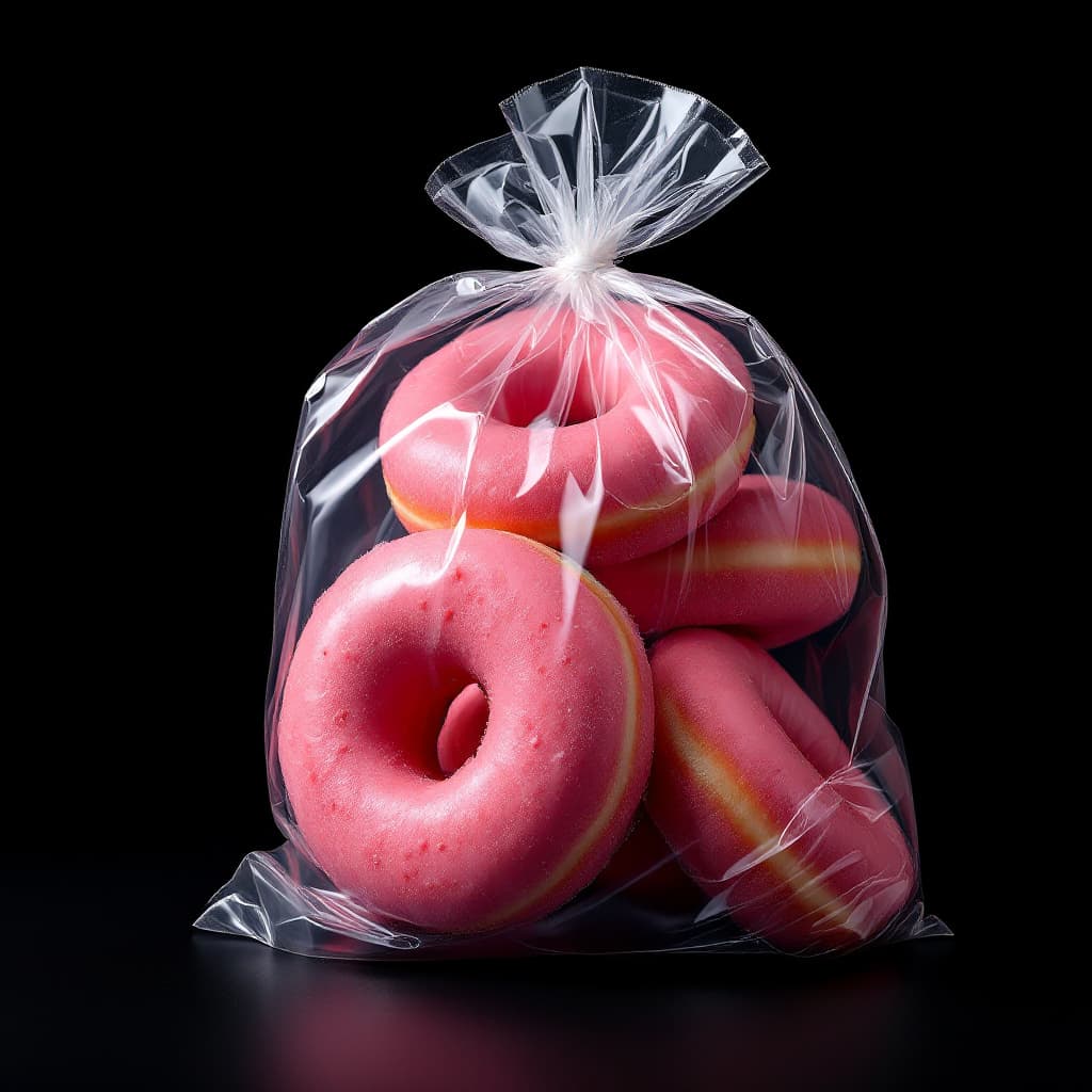 AI generated: photo of a vacuum-sealed bag filled with pink donuts, studio product photography, hyperreal textures...