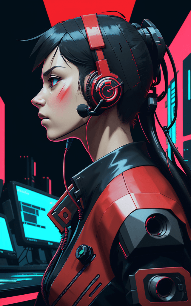 AI generated: A headset in callcenter, cyberpunk, portrayed in profile with a red background, futuristic design, i...