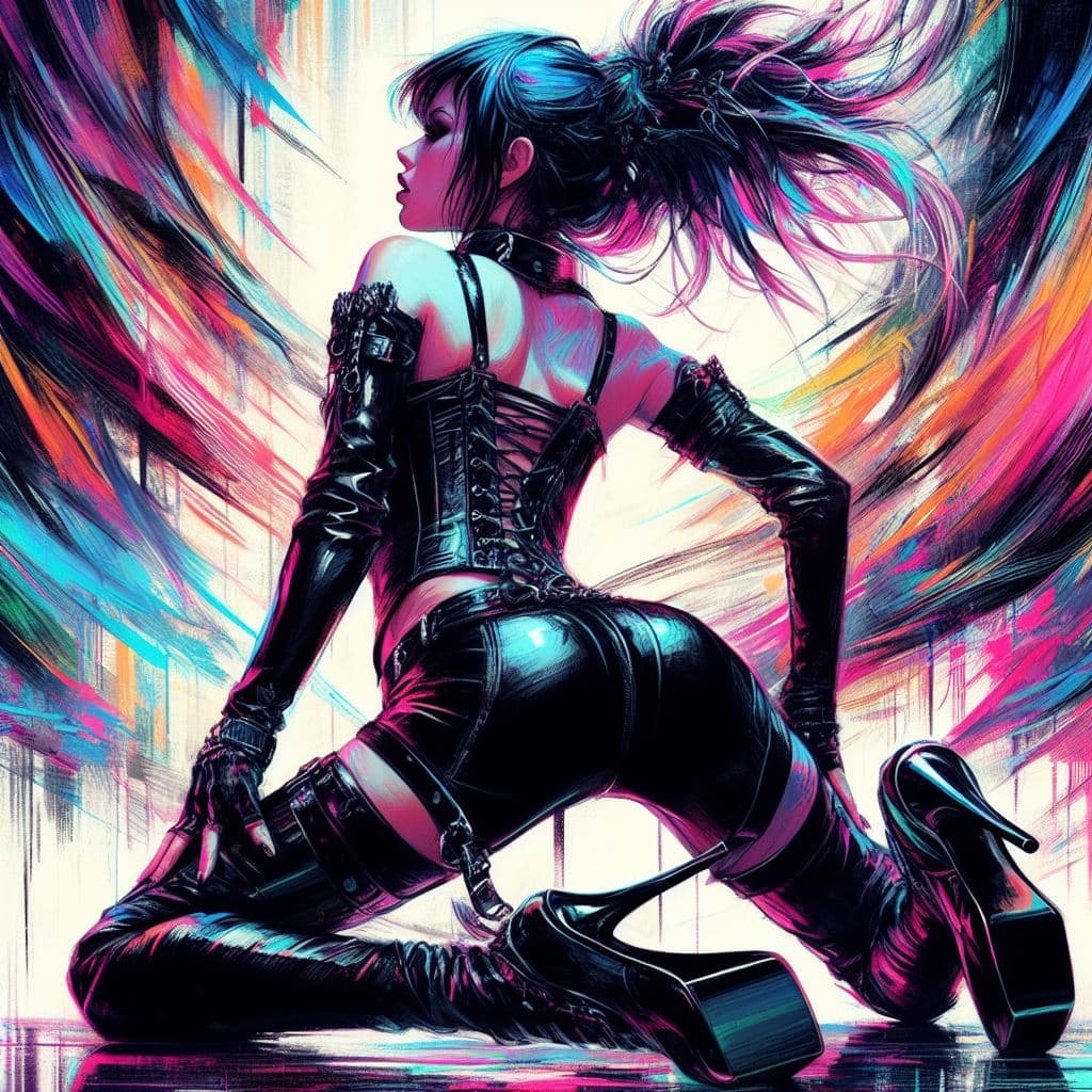 AI generated: aesthetic, painterly style, modern ink, gothic girl bended, back shot, very tight leather clothes, v...