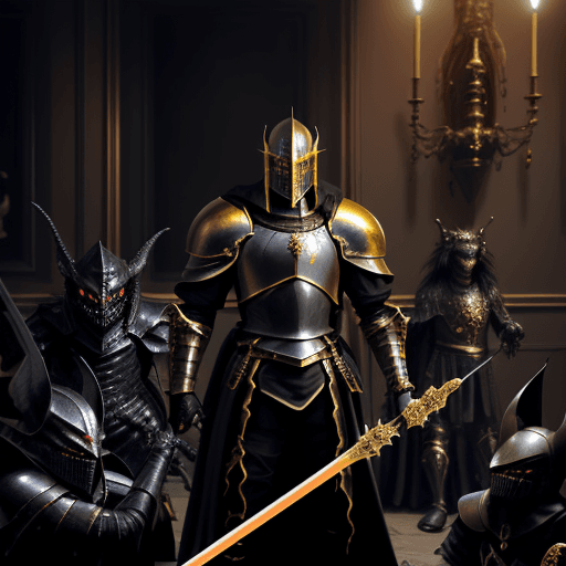 AI generated: black knight with gold sword at his side in a darck room. with monsters surrounding him. glowing ora...