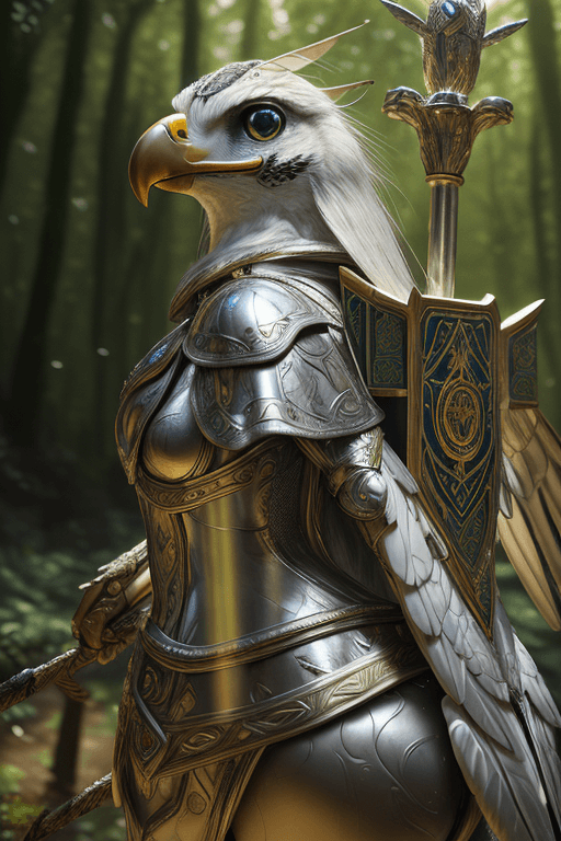 AI generated: hyperrealism, elf with ancestral armor mounted on a falcon with a majestic mount, perfect details of...