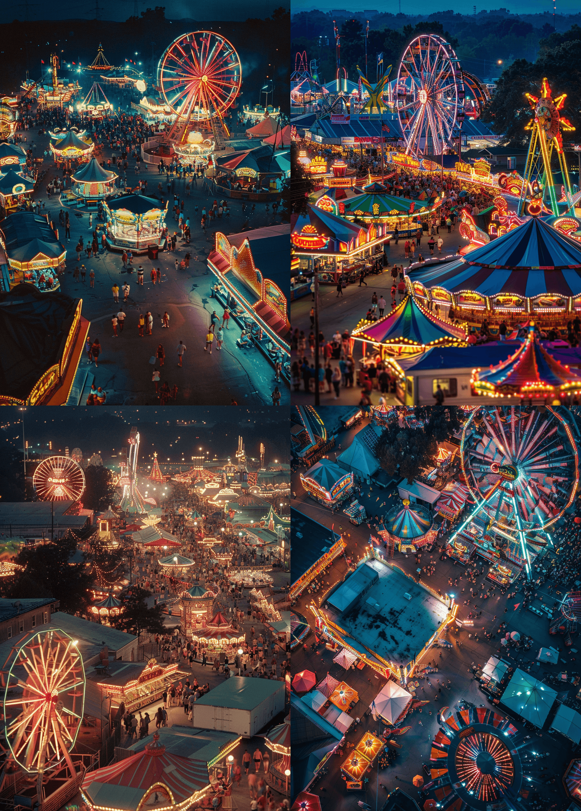 AI generated: aerial view of the state fair at night, in the style of David LaChapelle and Petra Collins, carnival...