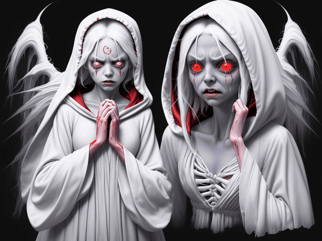 AI generated: Banshee spirit, crying and screaming girl, white hair, red circles around the eyes, girl in a robe w...