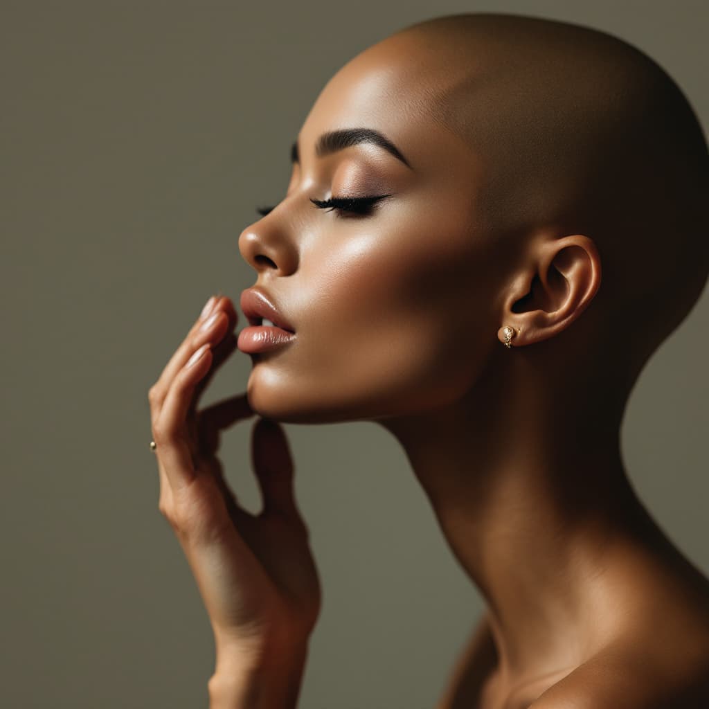 AI generated: Profil of a bald Caucasian woman with delicate and elegant features, soft matte skin and subtle make...