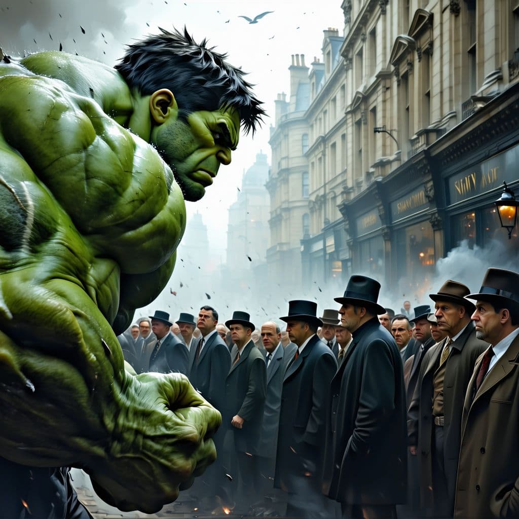 AI generated: london gangsters versus the hulk, hundreds perish, photorealistic