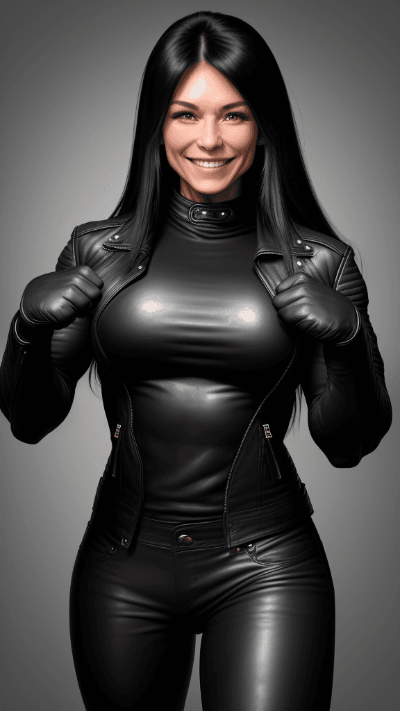 AI generated: 30 year old strong muscular woman, biceps, long black hair, smiling, wears leather jacket, wears lea...