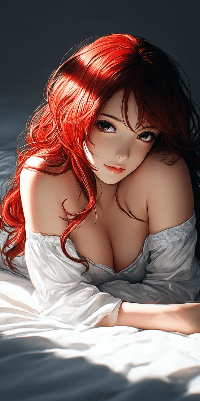 AI generated: A beautiful young woman with long, flowing red hair lies on a soft, white bed. Her skin is smooth an...