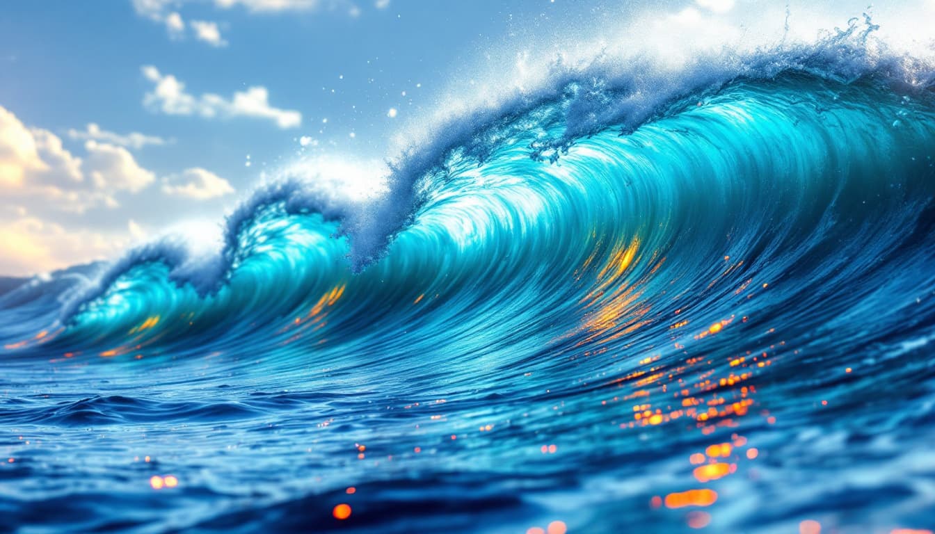 AI generated:  sea scape and giant rose pattern ocean wave with sea foam, in a shape of a rose, crashing on the sh...