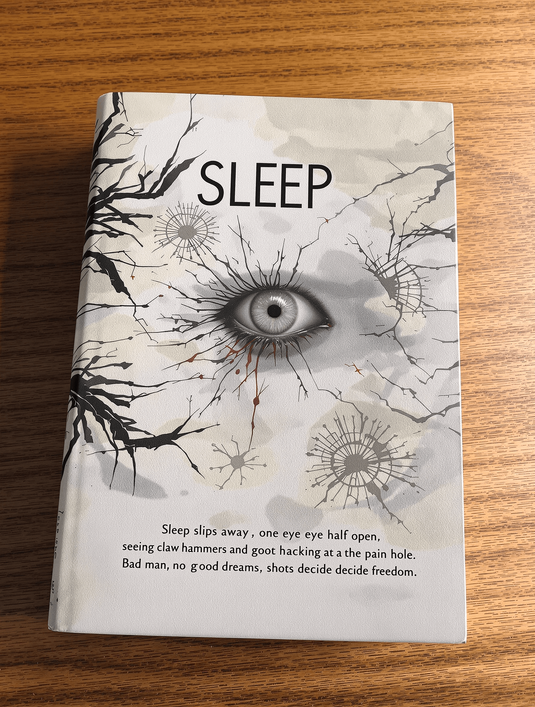 AI generated: A book cover with the text 'SLEEP'. Sleep slips away one eye half open, seeing clawhammers hacking a...