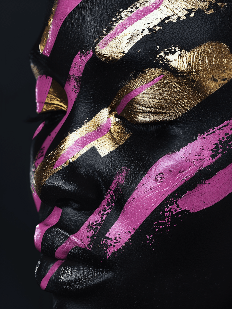 AI generated: portrait of a woman, body art, black, pink, white, abstraction, sculpted, shading, bold, 3D, UHD, fr...
