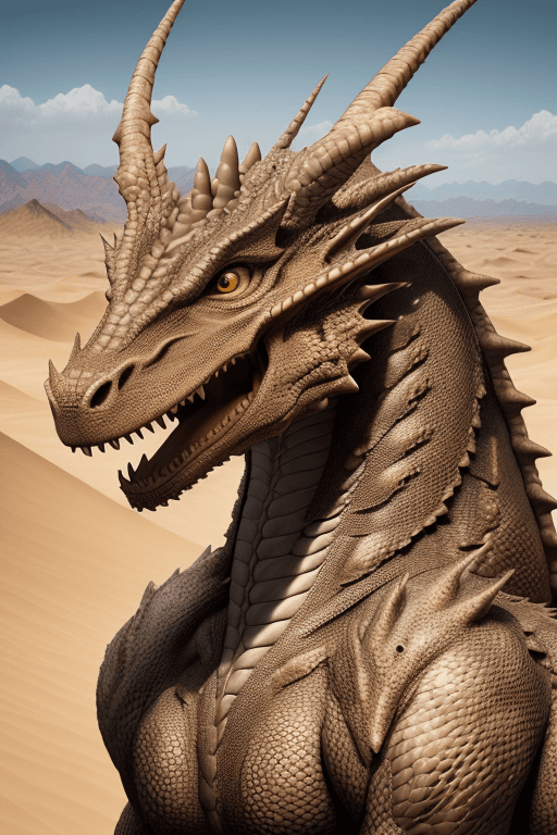 AI generated: highly detailed, a photorealistic portrait of a dragon, the landscape is the desert, nikon l35af, –a...