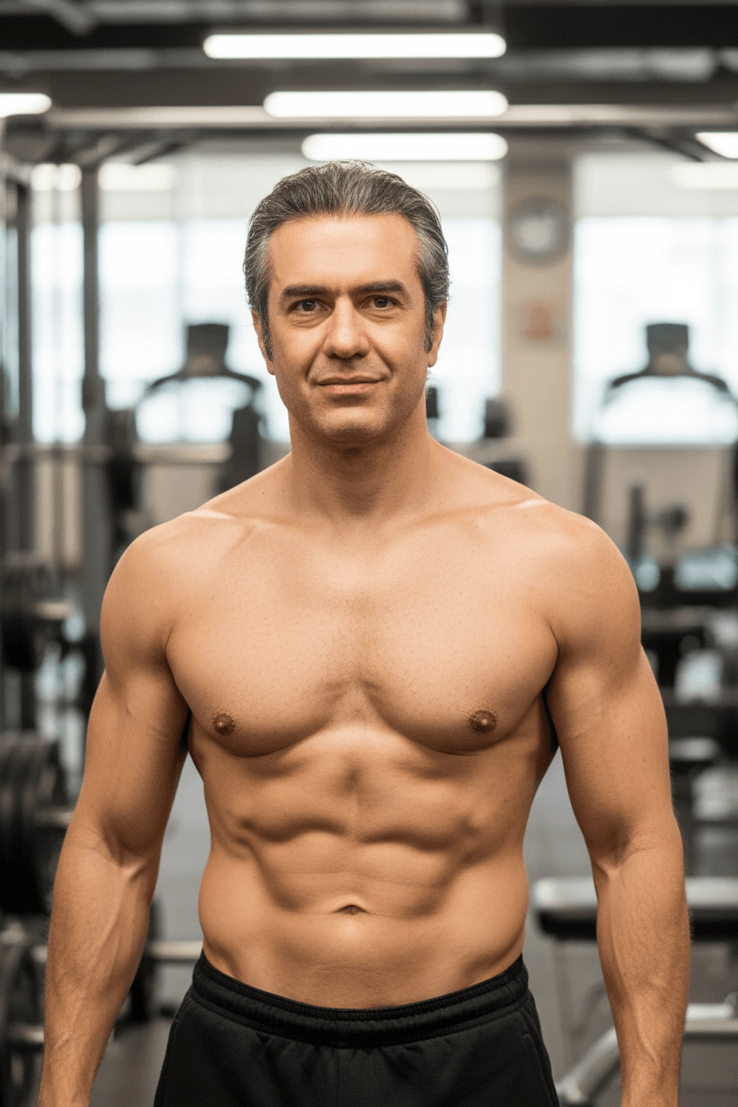 AI generated: Generate an image description focusing on a male subject who has removed his shirt, revealing a well...
